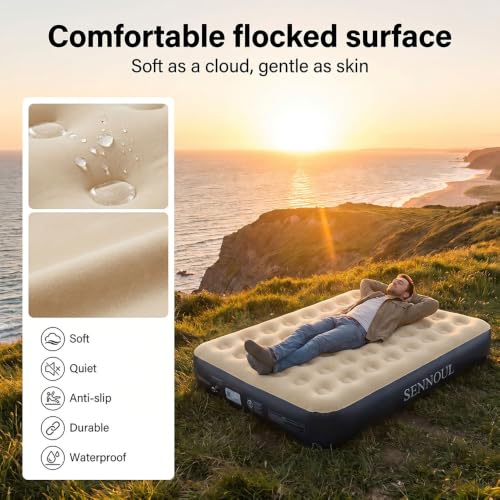 Image of SENNOUL Air Mattress Queen with Built in Pump - Upgraded Blow Up Bed, 2 Mins Quick Self Inflatable, 13 inch /650lbs Max, Strong Support, All Night No Lost Air, for Camping,Home,Guests & Portable Travel