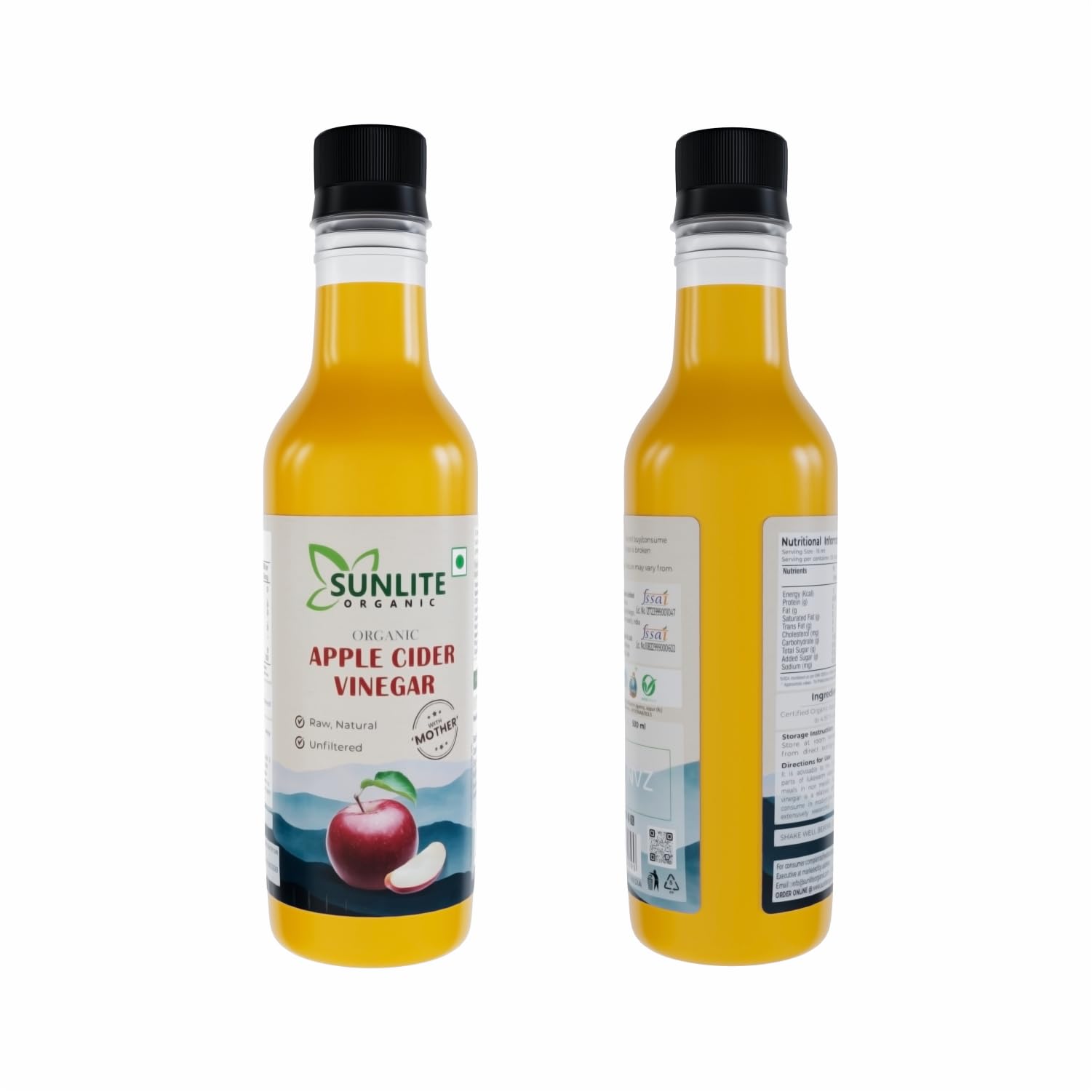 Sunlite Organic - Organic Apple Cider Vinegar with Mother 500 ml I 100% Natural Himalayan apples I Pure Natural Unfiltered Cider Vinegar For Weight Loss I Support Heart Health & Blood Sugar Control