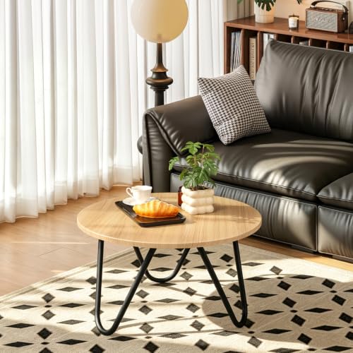 Image of Round Coffee Table 23.6 inch Small Coffee Table for Living Room Modern Circle Center Table with Metal Frame Wood Sofa Table for Reception Room Home Office Natural Color