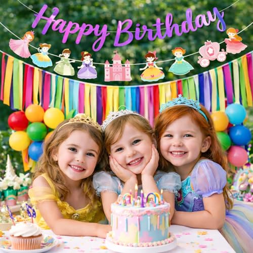 Image of Rozi Decoration Girls Birthday Decoration Kit with Happy Birthday Banner, Cartoon Girl Cutouts, Castle Bunting, Crepe Streamers and Multicolor Latex Balloons Pack of 38 Pcs