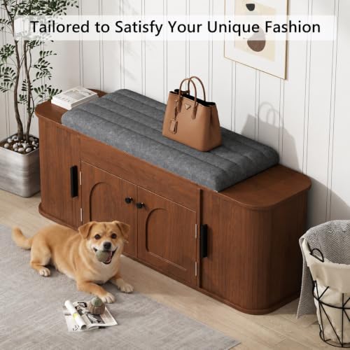 Image of Einhomn 47.2 inch Shoe Storage Bench with Cushion, Sliding Door Entryway Bench with Lift-Top Hidden Storage and Adjustable Shelf, Wooden Shoe Cabinet for Hallway, Bench for Bedroom End of Bed, Walnut