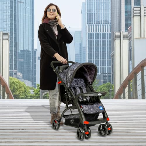 Image of Mee Mee Easy to Push Baby Stroller Pram with Quick One Hand Folding | Comfortable Seating | Fully Rotating Wheels | Feeding Tray for New Born Baby /Kids, 0-4 Years, Grey