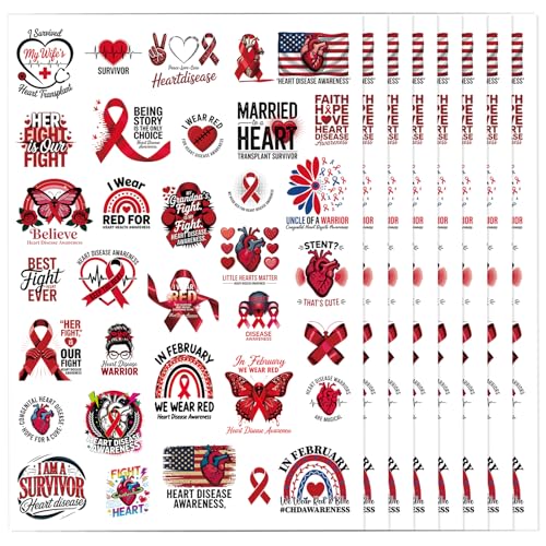 Heart Health Awareness Temporary Tattoos, Heart Health Month Gifts, 8 Sheets Red Ribbon Awareness Inspirational Tattoo Stickers for Adults Social Charity Public Event Favor Supplies Decor