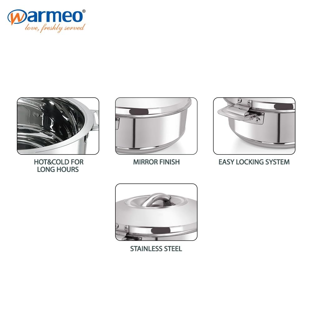 WARMEO Steam Insulated Stainless Steel Casseroles| Easy to Carry Hot Boxes for Kitchen | Hot Food, Easy to Store| Silver| Set of 3 (500,1000,1500ml) 2