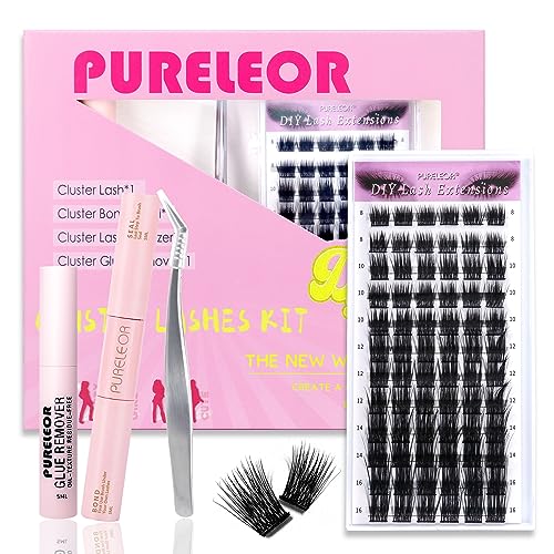 PURELEOR Individual Cluster Lashes DIY Lash Extensions Kit with Bond Seal Tweezers Remover Set, black, 4 count (Pack of 1)