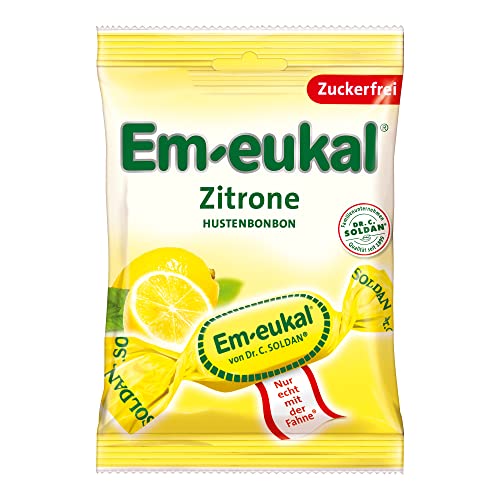 Em-eukal Zitrone Hustenbonbon zuckerfrei 75g - Spritziges Premiumbonbon mit angenehmer Zitrone und kühlendem Menthol - Mit Vitamin C, herrlich erfrischend und fruchtig (1 x 75g) Cover