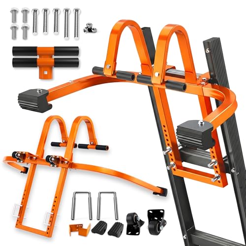 2-in-1 Heavy Duty Ladder Stabilizer with Roof Hooks 500 LBS Steel Standoff Non-Slip Rubber Feet for Gutter Cleaning Roof Work & Walls | Fits Extension Straight & Telescoping Ladders