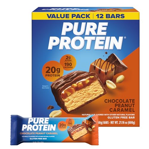 Pure Protein Chocolate Peanut Caramel Protein Bars – 20g Protein, 3g Sugar, 190 Calories (12 count) Low Sugar* High Protein Snack - Gluten Free - Perfect for a Healthy Snack