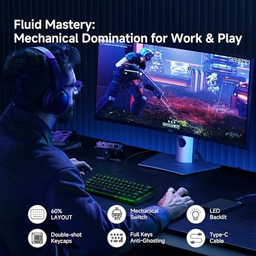 Image of TMKB 60% Mechanical Gaming Keyboard, Red Linear Switch, LED Backlight, Anti-Ghosting, Detachable USB-C, Double-Shot Keycaps, 61 Keys, Wired, Black