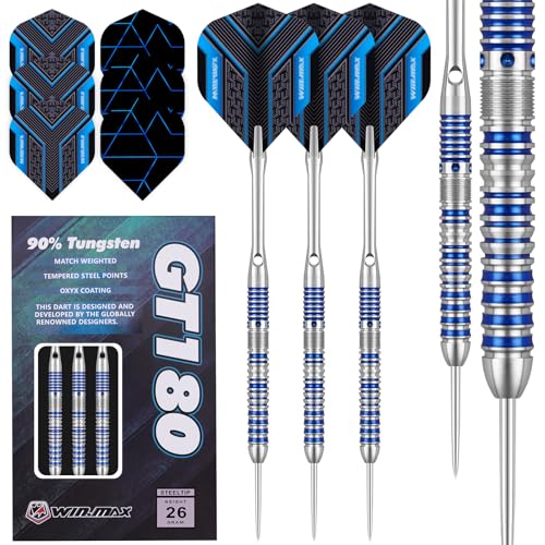 WIN.MAX Darts Metal Tip Set - 90% Tungsten Steel Tip Darts Set Professional 20/22/23/24/26/28 Grams Pro Dart Set with Extra 3 Flights Steel Darts Blue 23G