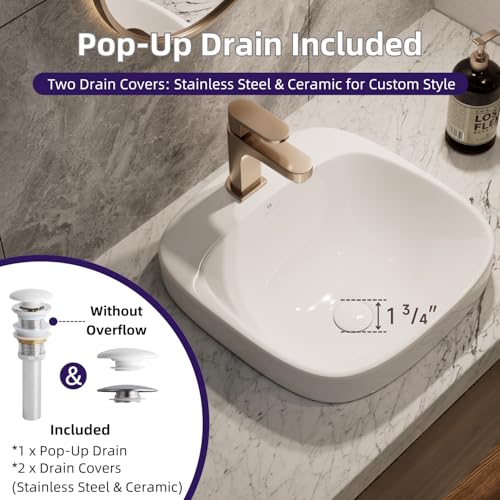Image of 17″L x 17″D Drop-In Bathroom Sink with Included Pop-Up Drain, Los Flexi White Semi-recessed Bathroom Sink for Vanity, Modern Square Vessel Sink, One Faucet Hole, Above Counter Basin for Small Bathroom