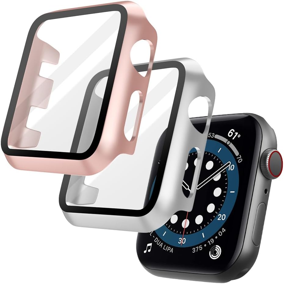 Case with Screen Protector Compatible, 2pcs Hard Case Designed for Apple Watch Series 2/3 42mm with 9H Tempered Glass Screen Protector Built-in Tempered Glass Film High Sensitivity (Rose Gold)