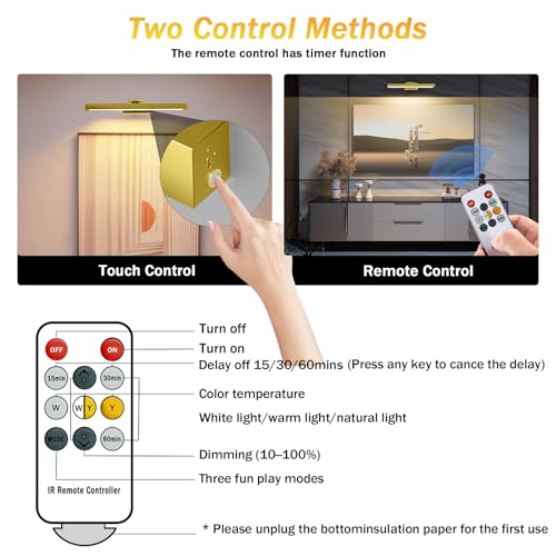 Image of Rechargeable Picture Light,15.74 Inch Battery Operated Wall Mounted Art Lamp with Remote,4000mAh Long Lasting,3 Color Dimmable Timer,270 Adjustable Gallery Poster Light(Brass)