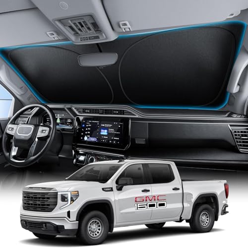 Image of Wigoo for GMC Sierra 1500 /2500 /3500 Windshield Sunshade [OEM Design, 100% Sun Blockage] Foldable Heat Insulation Sun Shade with Storage Bag, for GMC Sierra 1500 /2500 /3500 (2019-2026), Silver Coating