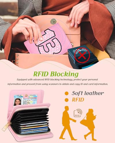 Image of Bistup Leather 12 Slot Accordion Card Holder Wallet, Pink 13 | Accordion Storage, Zipper Around Closure, Compact Patterned Wallet for IDs, Cards, Cash, Daily Carry and Gifts