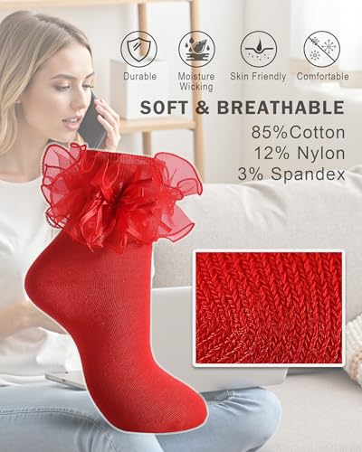 NiceBaby Women's Big Ruffle Socks Double Lace with Bows (Size 5-11, 3 Pairs)3