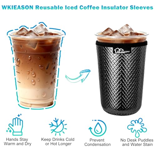 Image of WKIEASON Reusable Iced Coffee Sleeves 16-32OZ PU Leather Neoprene Coffee Cup Sleeves Insulator Cover for Cold Drinks Beverages, Starbucks, McDonalds, Dunkin Donuts and More(Black Set)