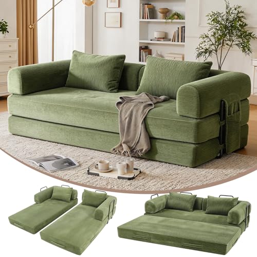 Modular Corduroy Futon Sofa Bed, Convertible Floor Couch with Detachable Mattress, Free Combination Fold Out Sleeper Sofa with Metal Support Frame, Side Storage Pocket for Living Room Guest Room - Image 3