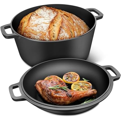 RAINBEAN 2-in-1 Pre-Seasoned Cast Iron Dutch Oven Pot with Skillet Lid Cooking Pan,5.5 QT Dual Handles Dutch Oven Pot with Lid,Heavy-Duty Non-stick Round Dutch Oven for Bread Baking, Stewing, Roasting Cover