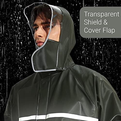 Image of AllExtreme Reusable Two-Piece Raincoat With Transparent Face Shield Detachable Hood Two Pockets Carry Pouch Waterproof Buttoned Rain Jacket