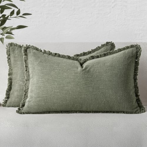 Image of MIULEE Linen Decorative Lumbar Throw Pillow Covers Light Olive Green 12x20