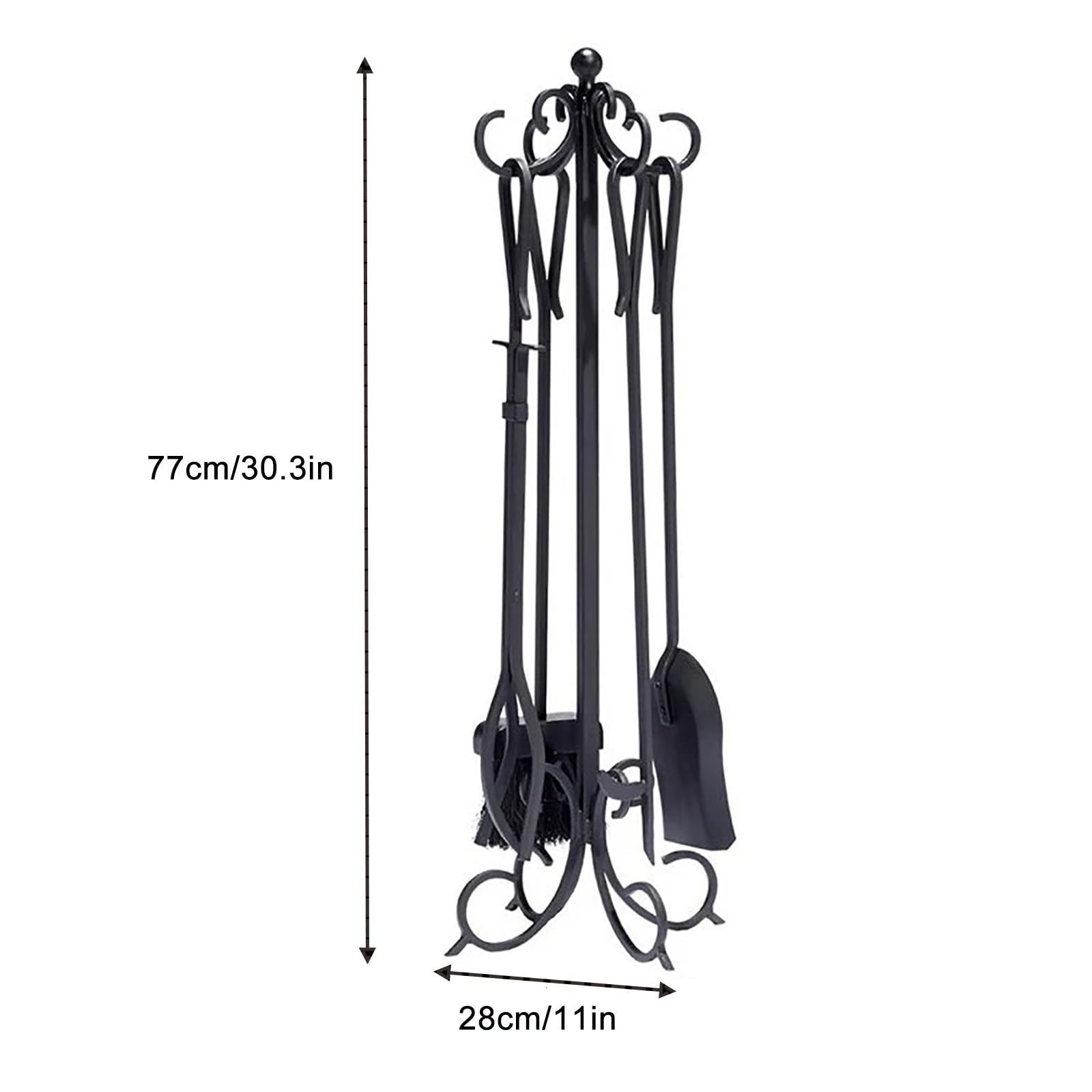 Set di attrezzi per camino, in ferro battuto resistente, set di 5 attrezzi per braciere con pinza, pala, attizzatoio e spazzola, per interni ed esterni, kit di accessori invernali