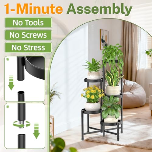 Image of iDavosic.ly Plant Stand Indoor Outdoor, 5 Tier Corner Metal Flower Display Holder Shelf, Folding Tall Orchid Rack for Patio Balcony Porch Garden Living Room House, Black