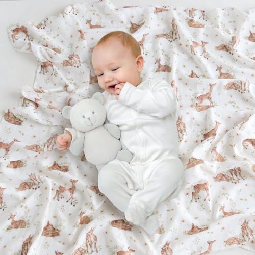 Image of LifeTree Baby Muslin Swaddle Blankets for Boys & Girls, Newborn Swaddle Set with Matching Headband Bow, Infant Blanket Wrap, 47 x 47 inches, Deer, 70% Viscose from Bamboo and 30% Cotton