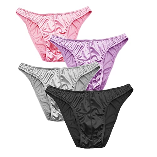 MIERSIDE Men's Satin Stretch Support Wide Waistband Satin Briefs Thong G-string 4 Pcs/pack