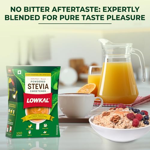 Image of LowKal Stevia Sachets, 100 Count | Natural, Tastes Great, Ideal For Travel | No Sugar-Spike Ingredients | With Gut-Friendly Turmeric & Cinnamon | Stevia Powder Sachets | Sugarfree Stevia