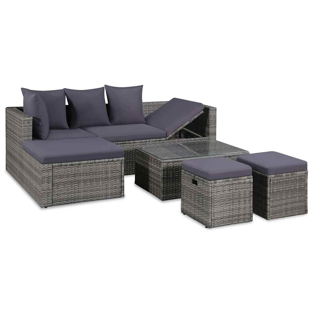 Fengshui Juego de 4 muebles de jardín con cojines de poliratán, color gris | Marco de acero con recubrimiento en polvo, ratán de polietileno resistente al agua, placa de cristal