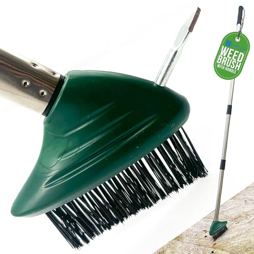 Angled Weed Remover Tool Brush Long Handle with Built-In Weed Scraper Tool Moss Remover Patio Brush Metal Bristles for Removing Moss Ideal for Garden Driveway and Block Paving Patio Cleaner