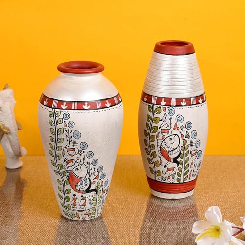 Image of Aakriti Art Creations Vase Earthen White Madhubani Set of 2 | Handmade Matte Finish Terracotta Decorative Vases | Silver Madhubani Art Flower Vase, Planters for Home Decor, Table Decoration Items