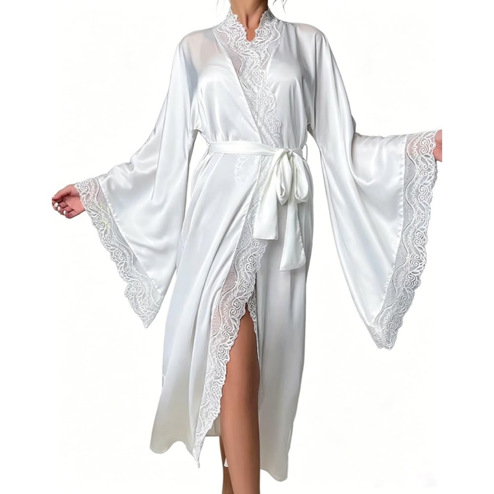 Peignoir Kimono pour Femme Robe de Chambre en Satin à Manches Longues Peignoir de Bain pour Demoiselle D'Honneur Avec Bordure en Ddentelle Vêtement de Nuit Élégant et Léger Idéal pour Un Mariage