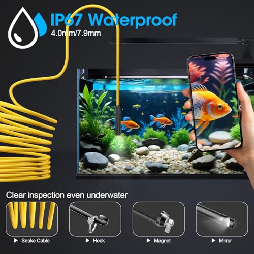 Image of Endoscope with Light, 1920P HD Borescope with 8 Adjustable LED Lights, Semi-Rigid Snake Camera, IP67 Waterproof Inspection Tool for iPhone & Android - 9.8FT-Single Lens (Yellow)