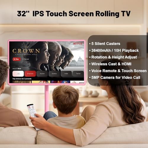 Image of VLH 32″ FHD Smart Portable Tv on Wheels, Touch Screen Rolling Tv Tablet with Camera, Google EDLA-Certified, Built-in 38400mAh Battery, Mobile Wireless TV with Rolling Stand and Remote for Smart Home