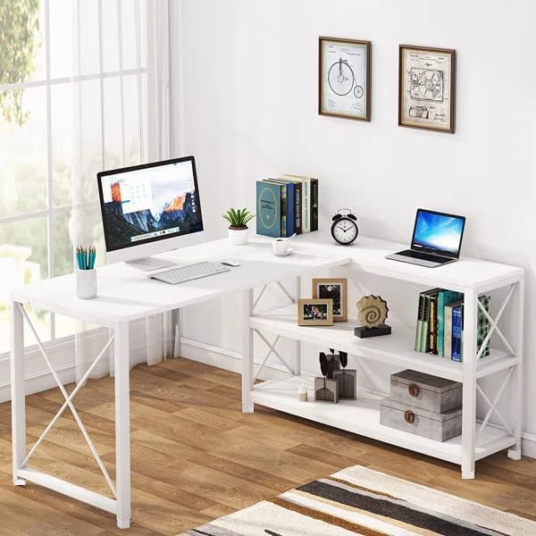 Image of Deskio Engineered Wood Computer Table for Home & Office, White L Shaped Table Desk with Storage Shelves Corner Study for Small Space (Size - 60L X 44W X 30H) | DIY