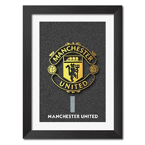 Image of TenorArts Manchester United Poster 3D Golden Leather Textured Logo Laminated Photo Frame Painting with Matt Finish Black Textures(12 inches x 9inches)