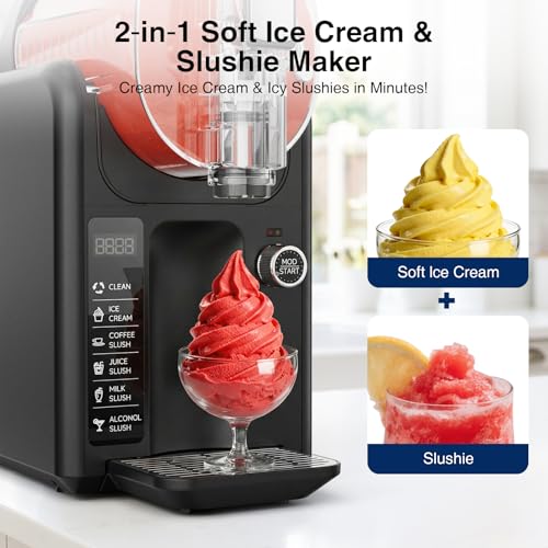 Image of Slushie Machine & Ice Cream Maker Machine 2-IN-1, 6 Modes for Smoothies, Milkshakes, Cocktails, Margarita, and Ice Cream, No Ice Needed, Self-Cleaning, For Home Use