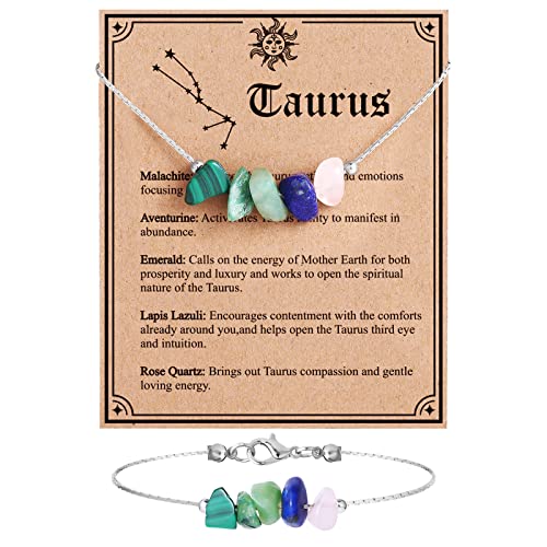 MJartoria Natural Stone Zodiac Sign Choker Necklace and Bracelet for Women Horoscope Healing Stone Astrology Jewelry Birthday Gifts Silvery (Taurus(4.20-5.20))