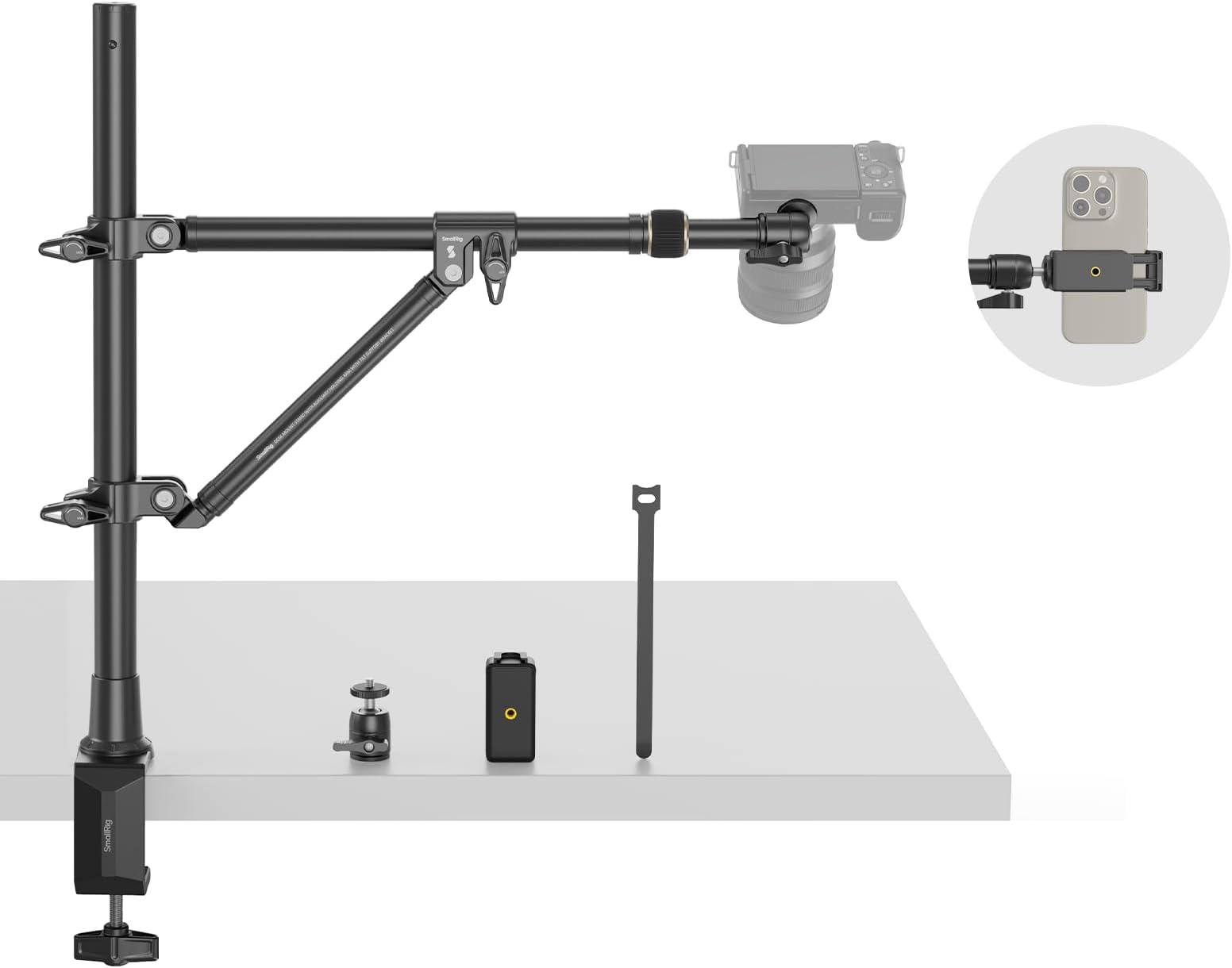 SMALLRIG Triangle Camera Desk Mount, Max. Load 3kg/ 6.6lbs, Overhead Mount with Auxiliary Support Rod, with Phone Holder and Small Ball Head for Camera/Phone/Light/Webcam