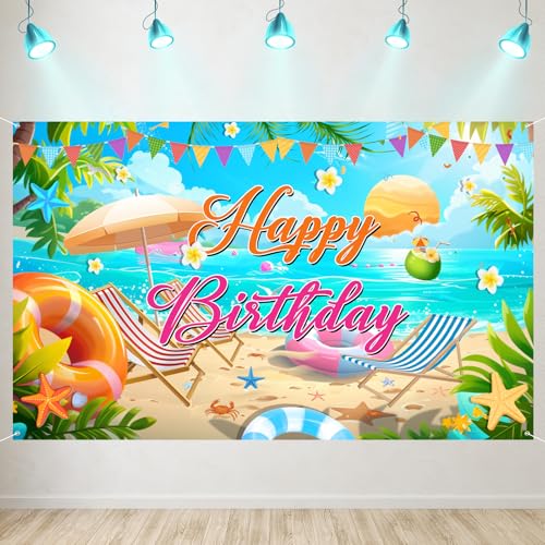 Image of Summer Happy Birthday Banner Decorations, Backdrop Decor Supplies, Happy Sign for Backdrop, Large Beach Theme Birthday Banners Supplies Suitable for Any Lively Theme Party Event