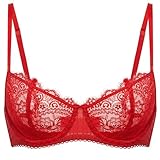 DOBREVA Women's Sexy Lace Push Up Plus Size Bra Sheer Balconette Underwire Unlined Lipstick Red 34D