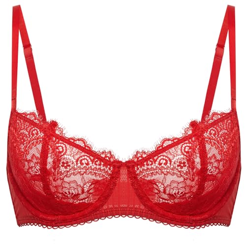 DOBREVA Women's Sexy Lace Push Up Plus Size Bra Sheer Balconette Underwire Unlined Lipstick Red 34D