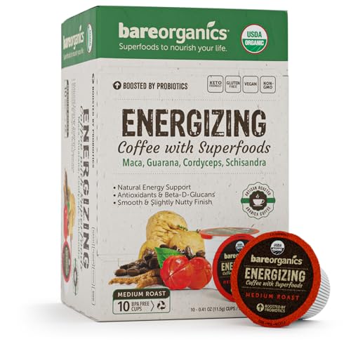 BareOrganics Energy Medium Roast Coffee, Organic, 10 K-Cup Pods, Superfoods & Probiotics Infused, Vegan, Gluten Free, 10 Single Serve Cups