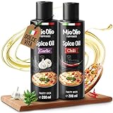 MioOlio Gewürzöl Set – 1×200 ml Knoblauchöl & 1×200 ml Chiliöl – aromatisiertes Öl zum Kochen, Braten & Verfeinern – praktischer Dosierer – für Pasta, Pizza, Fleisch, Fisch & Gemüse