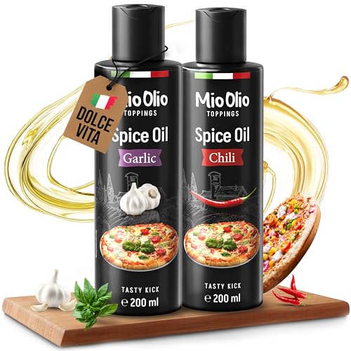 MioOlio Gewürzöl Set – 1×200 ml Knoblauchöl & 1×200 ml Chiliöl – aromatisiertes Öl zum Kochen, Braten & Verfeinern – praktischer Dosierer – für Pasta, Pizza, Fleisch, Fisch & Gemüse