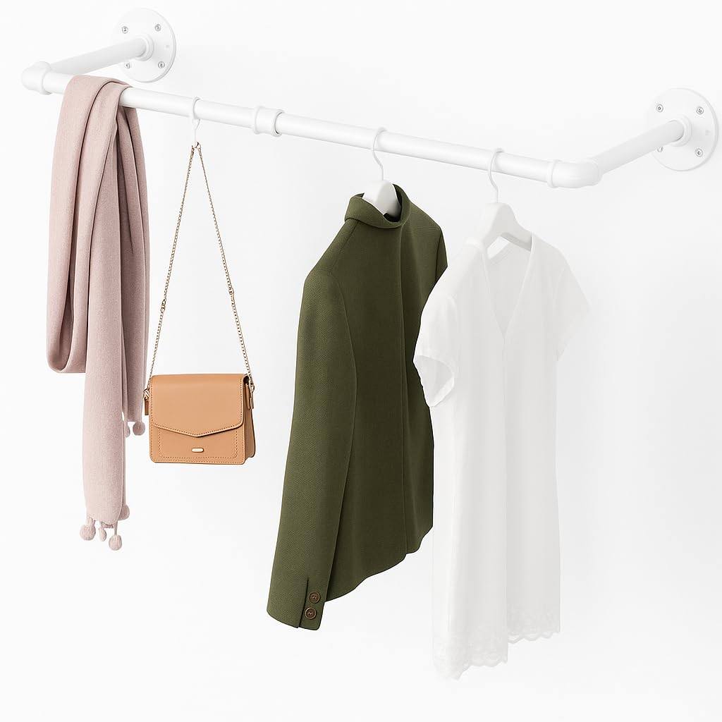 XJYMCOM Wall Mounted Clothes Rail 85cm Industrial Pipe Hanger Towel Rack Vintage Garment Bar Heavy Duty Wall Rail for Clothing Rod Hanging Display Holder for Bedroom Laundry White