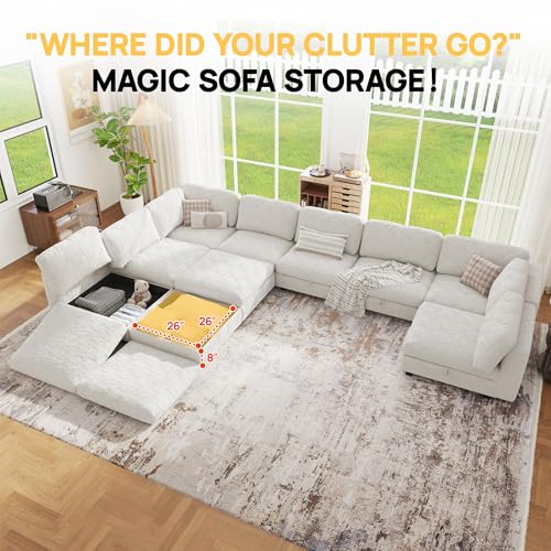 Image of 157 inch Modular Sectional Chenille Sofa bed with Hidden Storage, Comfy Modern 10 Seater Oversized Deep Seat Couch, Modular Sectional with Ottoman and Removable Cover for Living Room, Apartment, Beige