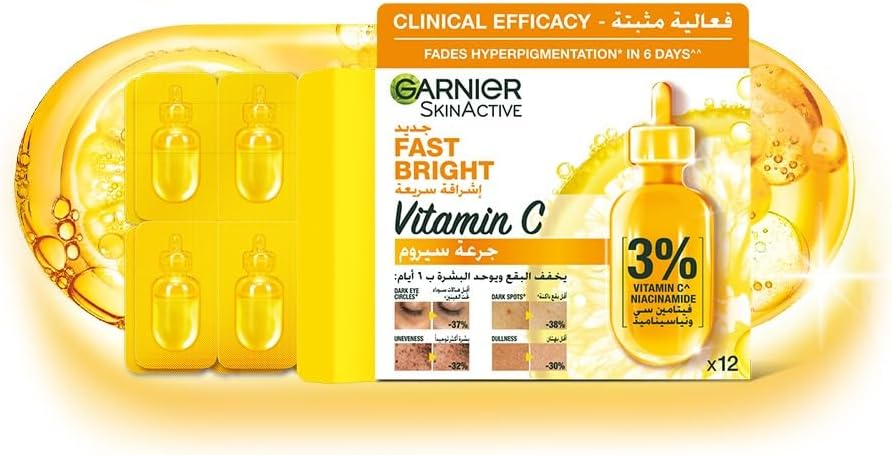 Garnier Fast Bright Vitamin C Brightening Ampoules For Dark Circles, Multipack, Hyperpigmentation Ampoules 3% Vitamin C & Niacinamide (12 X 1.5ml)